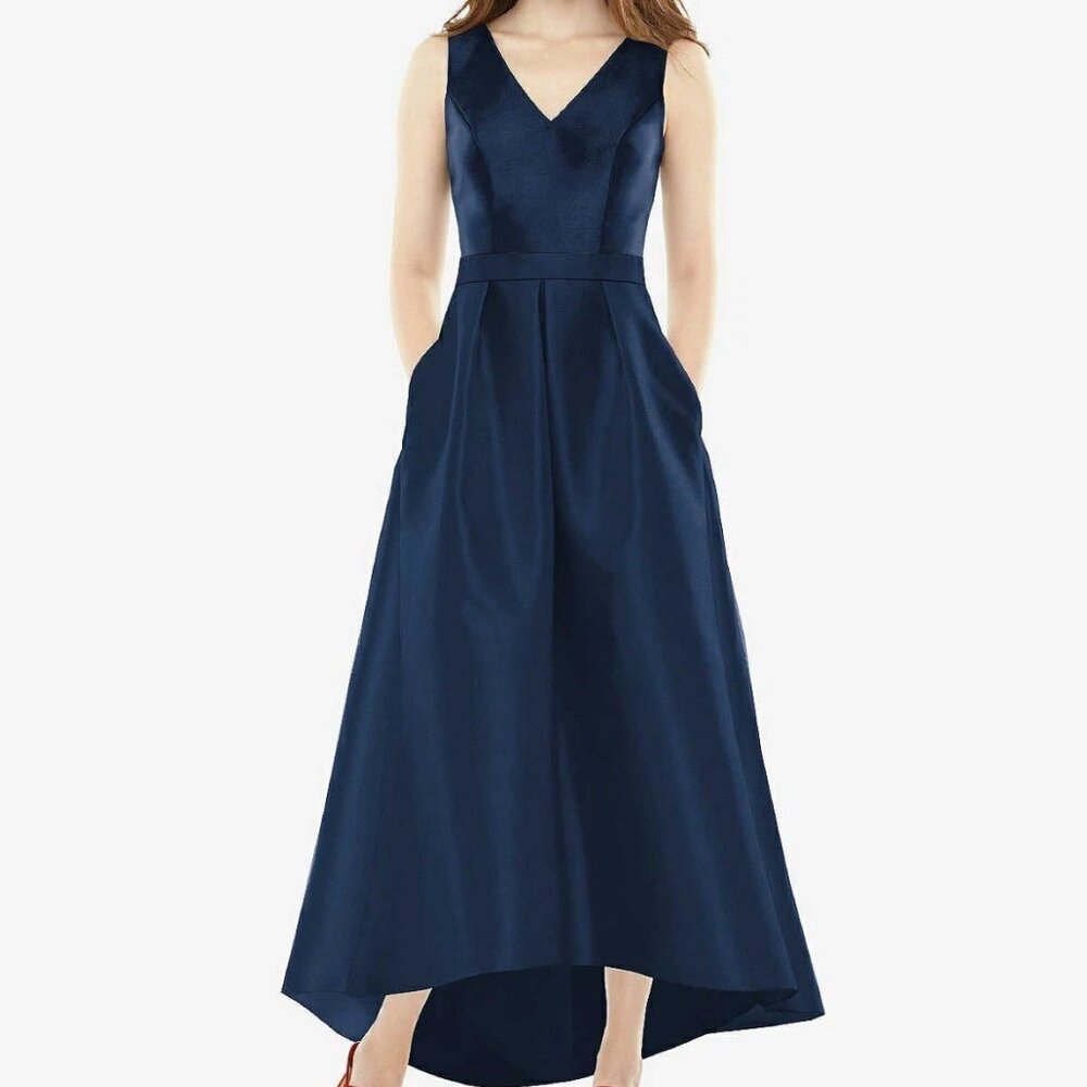 ALFRED SUNG Midnight Navy Sateen Twill High Low Cocktail Dress Gown Sz 4 NWOT